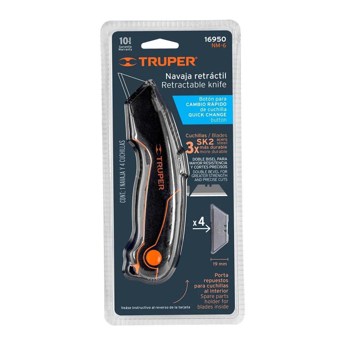 Cuchilla retráctil multiusos de 6" + 4 cuchillas de acero SK2. - TRUPER
